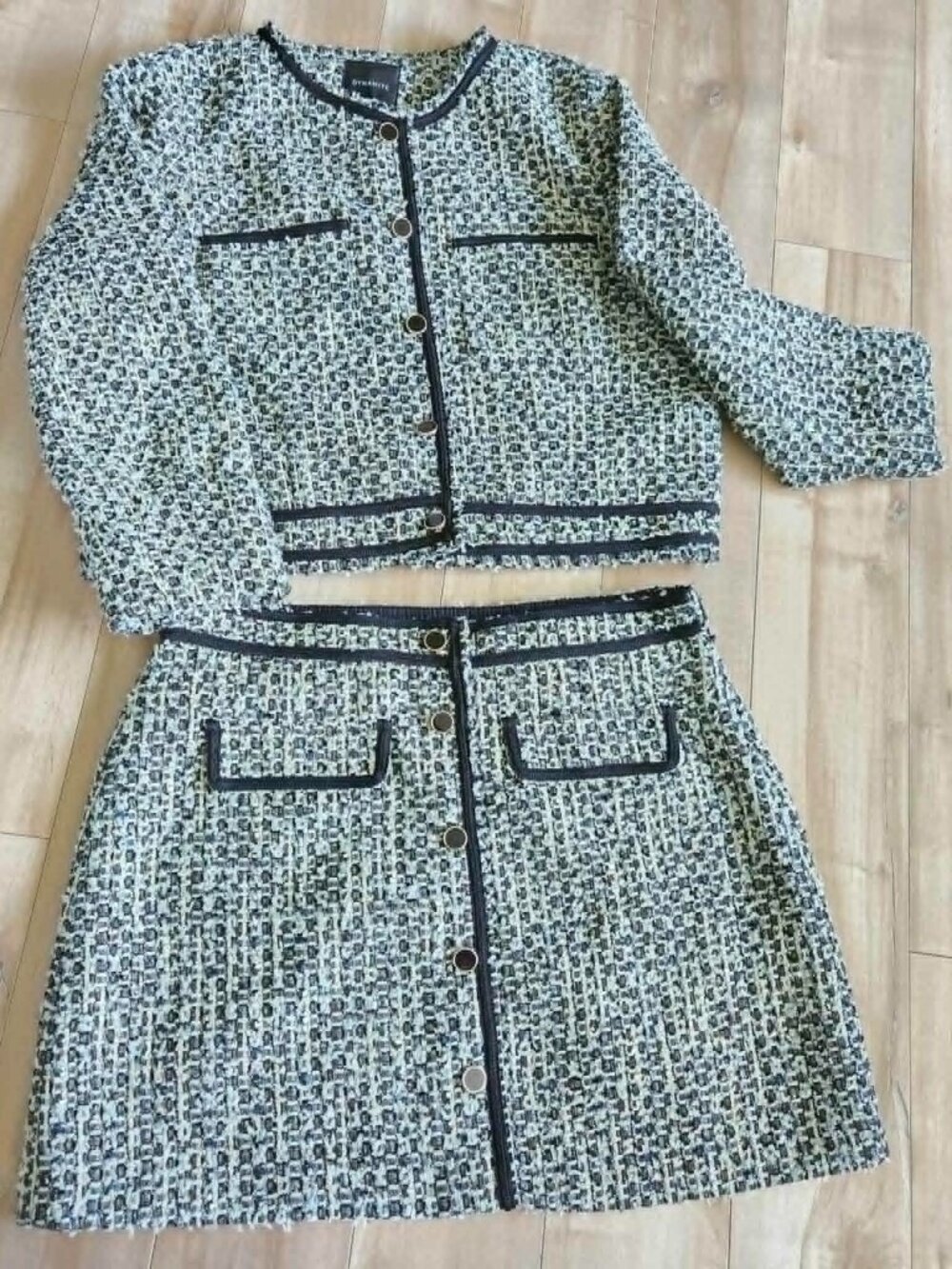 Black White Bouclé Tweed Jacket & Skirt Set Dynamite L Old Money French Girl